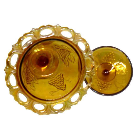 Carnival Glass Amber Marigold Grape Vine Harvest Pedestal Compote Candy Dish Lid - Picture 4 of 9